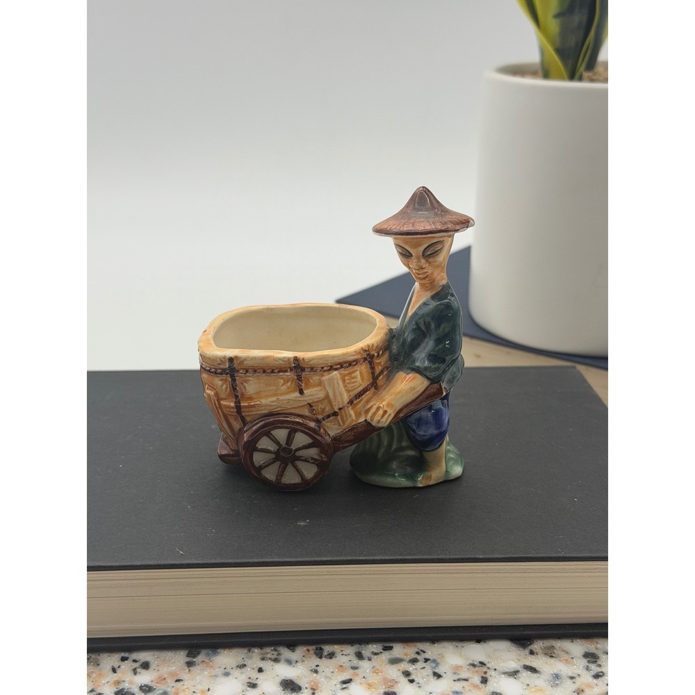 Vintage Japan Ceramic Man Pushing Cart Planter Succulent Pot Mid Century Decor